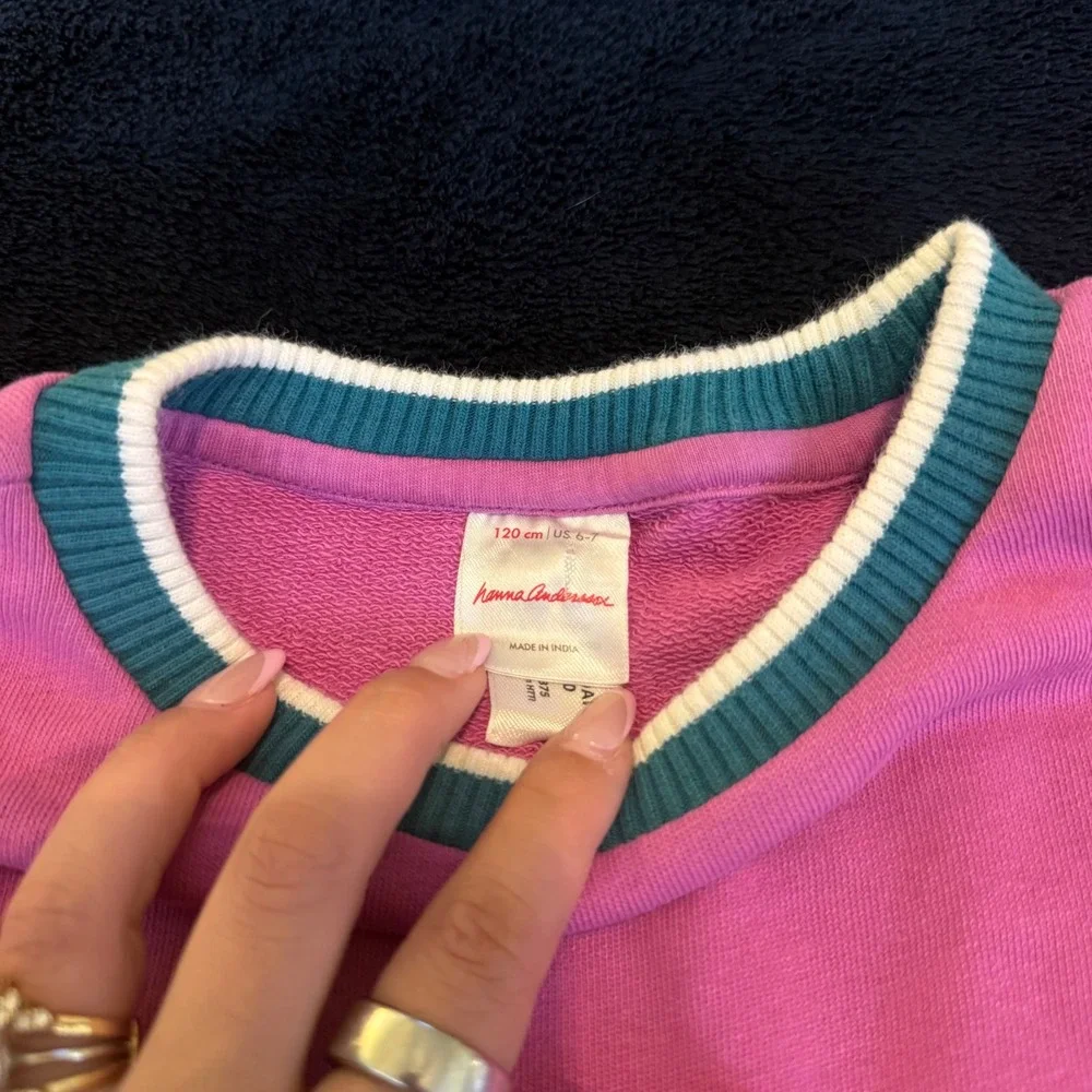 Hanna Andersson Girls Pink French Terry Sweatshirt Dress Teal Ribbed Trim120 6-7